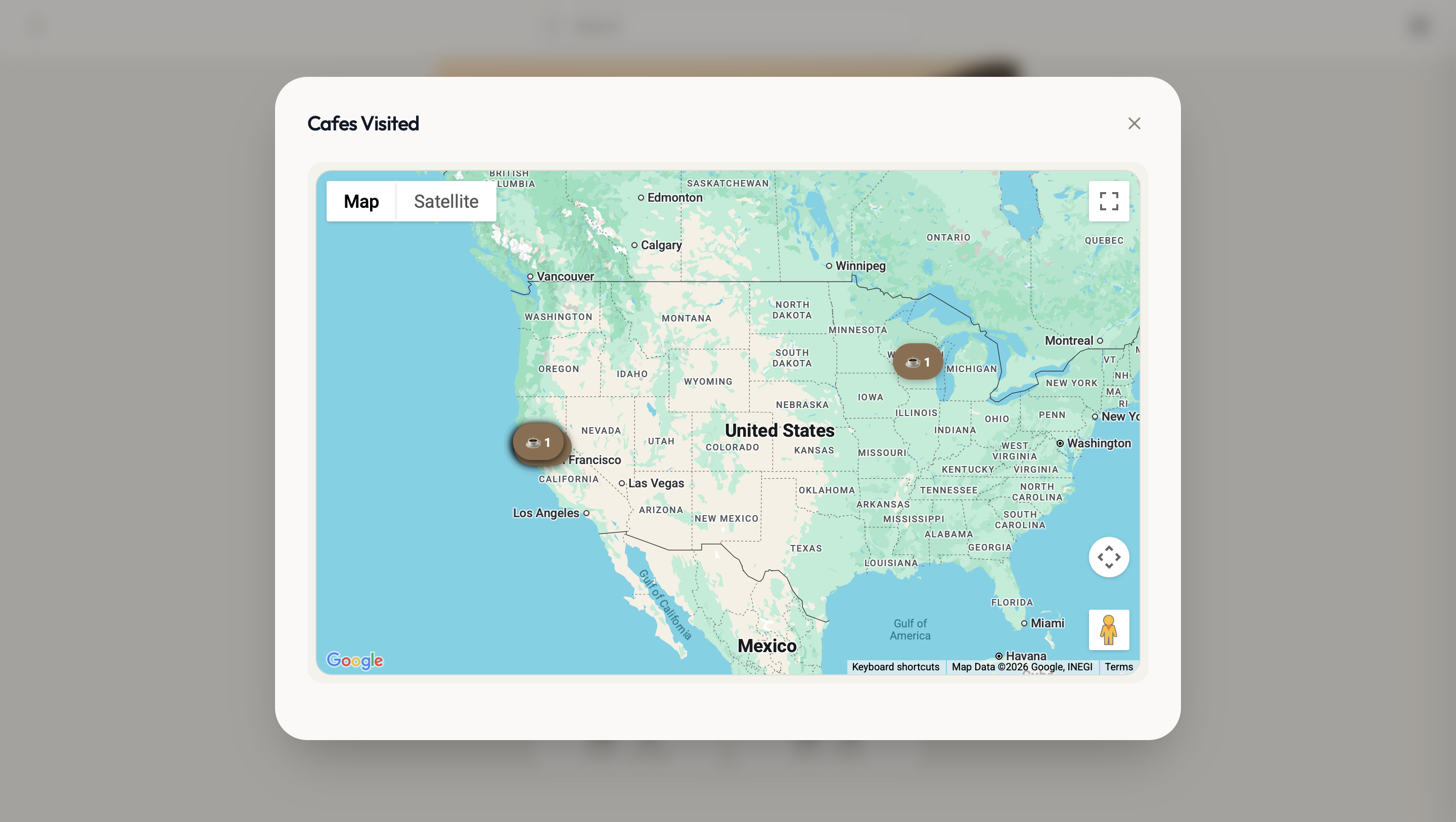 Cafes visited by user