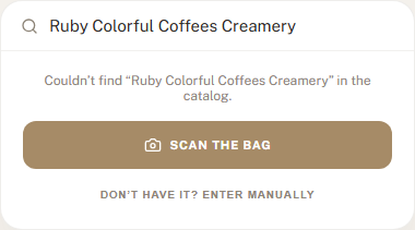 Scan the Bag button on a zero-result coffee search