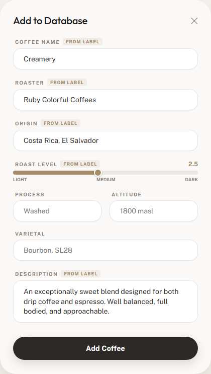 Review form pre-filled with fields extracted from the bag, each tagged 'From label'
